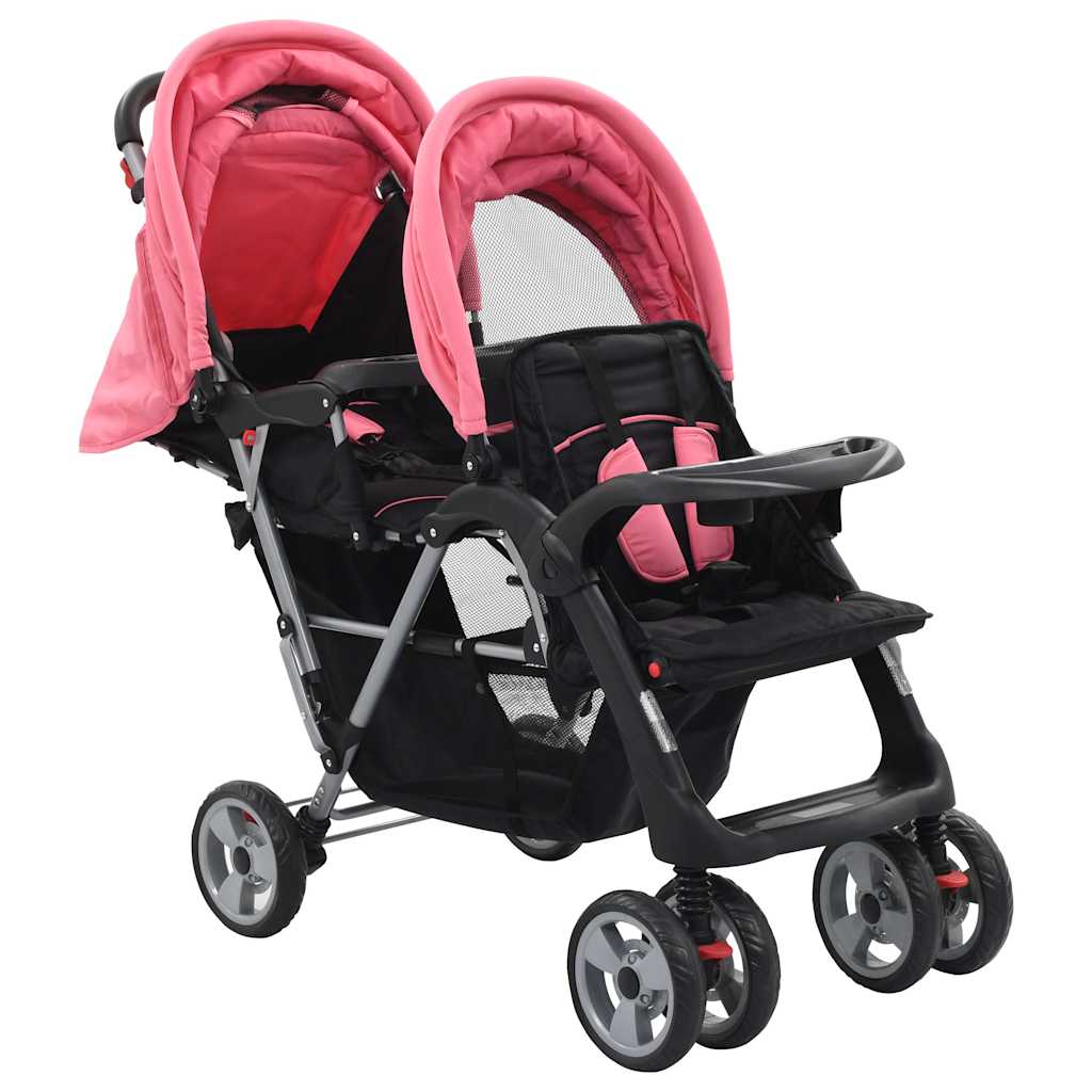 VidaXL Kinderwagen Doppelstahlrosa und schwarz