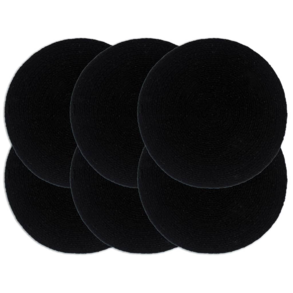 VidaXL Platzsets, 6 Stück, rund, 38 cm, Baumwolle, einfarbig schwarz