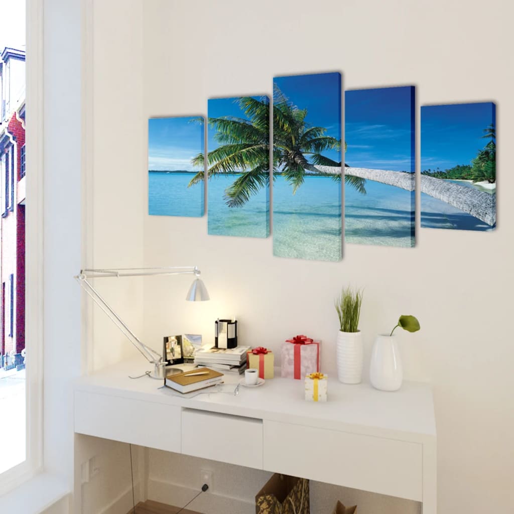 VidaXL Leinwandbild-Set „Sandstrand mit Palme“, 200 x 100 cm