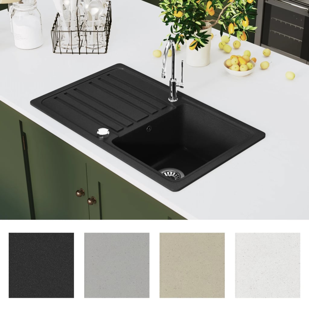 Vidaxl -Waschbecken Granit Einerkörper mit Abfluss reversibel Schwarz