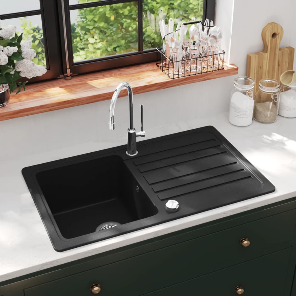 Vidaxl -Waschbecken Granit Einerkörper mit Abfluss reversibel Schwarz