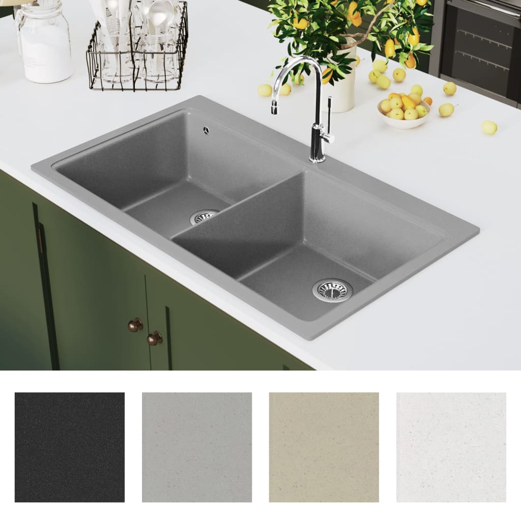 VidaXL Waschbecken Struktur Granit Doppelschale grau