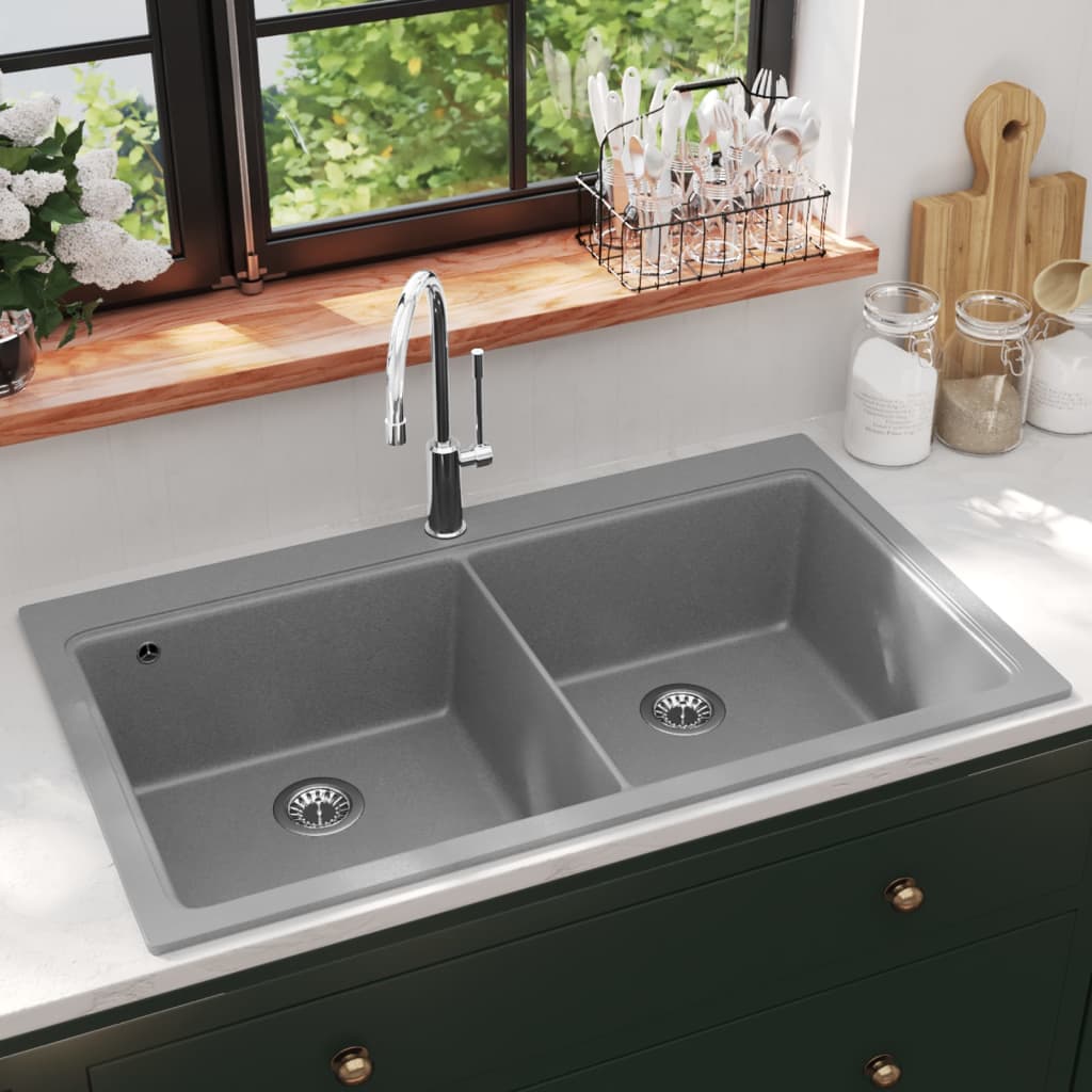VidaXL Waschbecken Struktur Granit Doppelschale grau