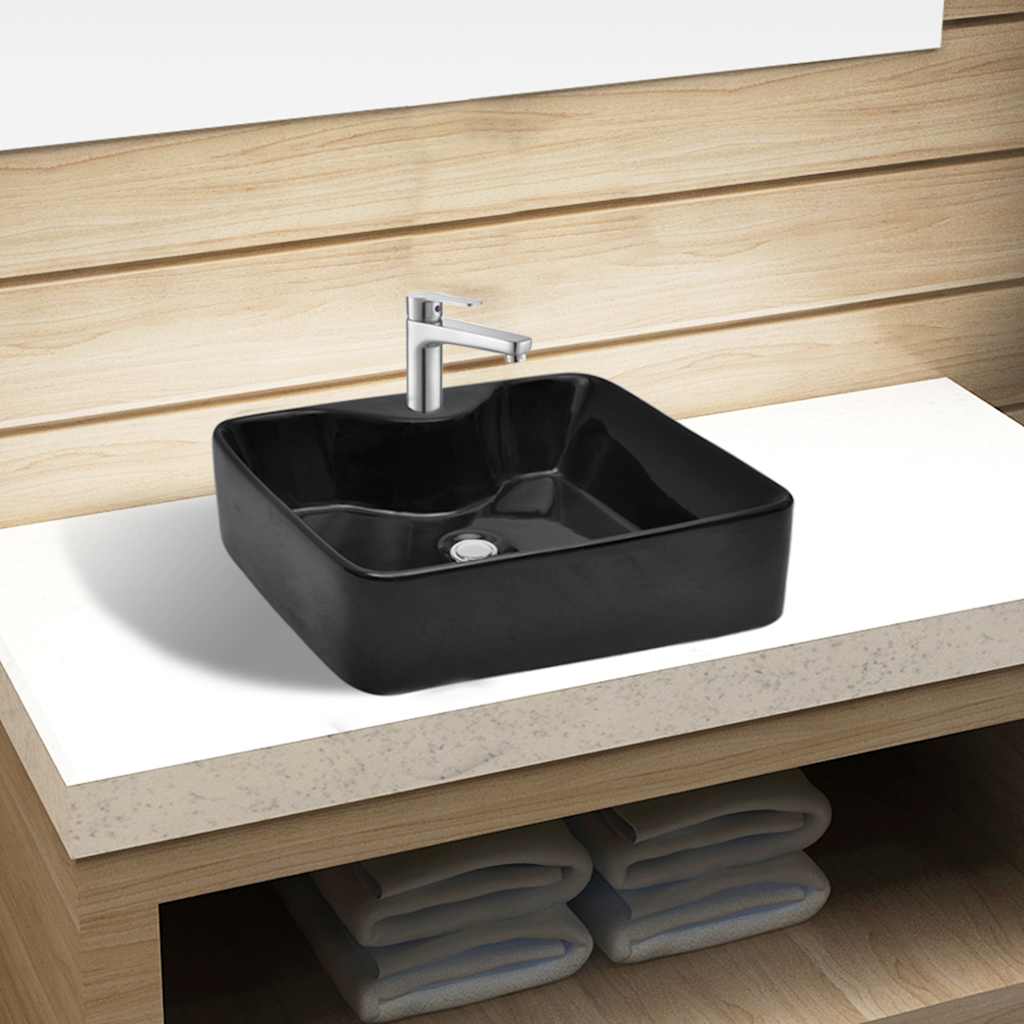 Vidaxl-Waschbecken mit Kranlochschwarzer Quadratkeramik
