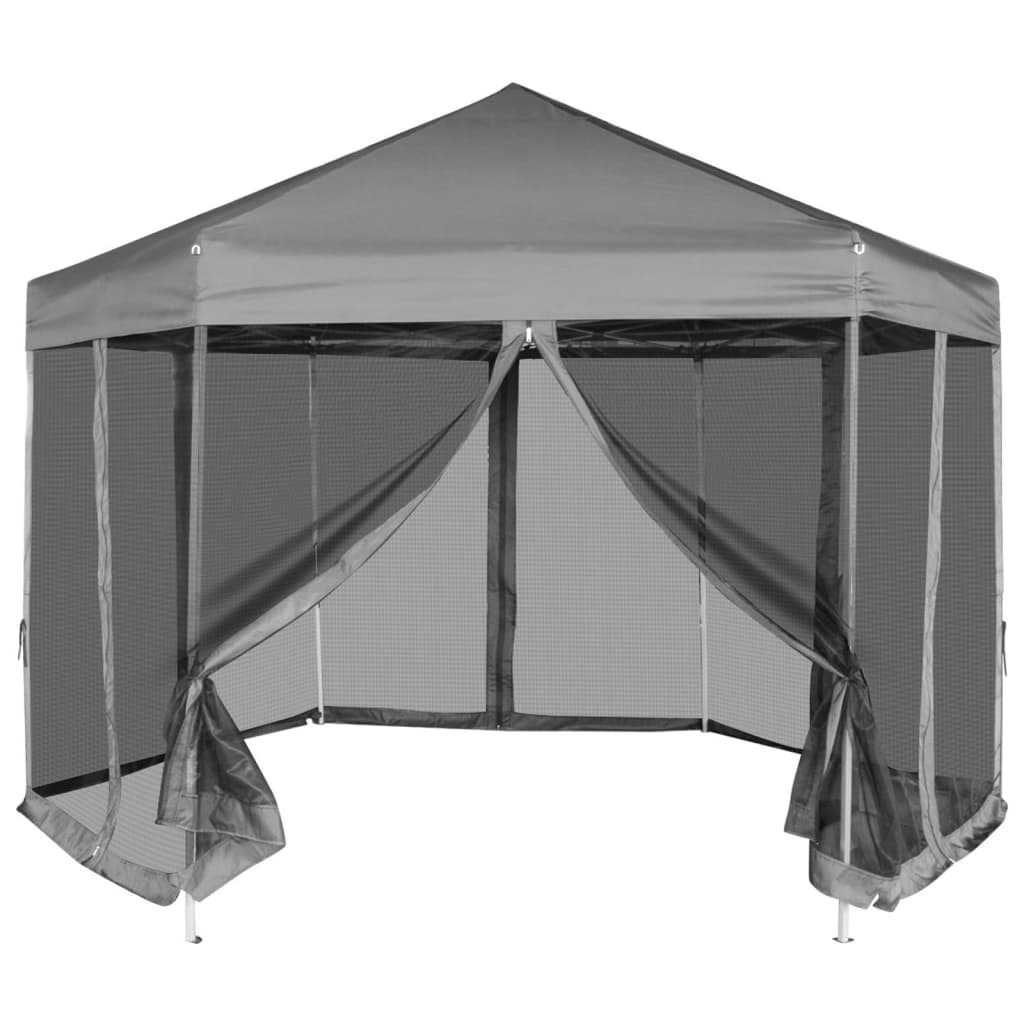 VidaXL Partyzelt, sechseckig, zum Aufklappen, mit 6 Seitenwänden, 3,6 x 3,1 m, Grau