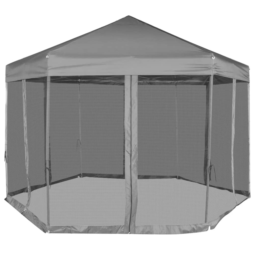 VidaXL Partyzelt, sechseckig, zum Aufklappen, mit 6 Seitenwänden, 3,6 x 3,1 m, Grau