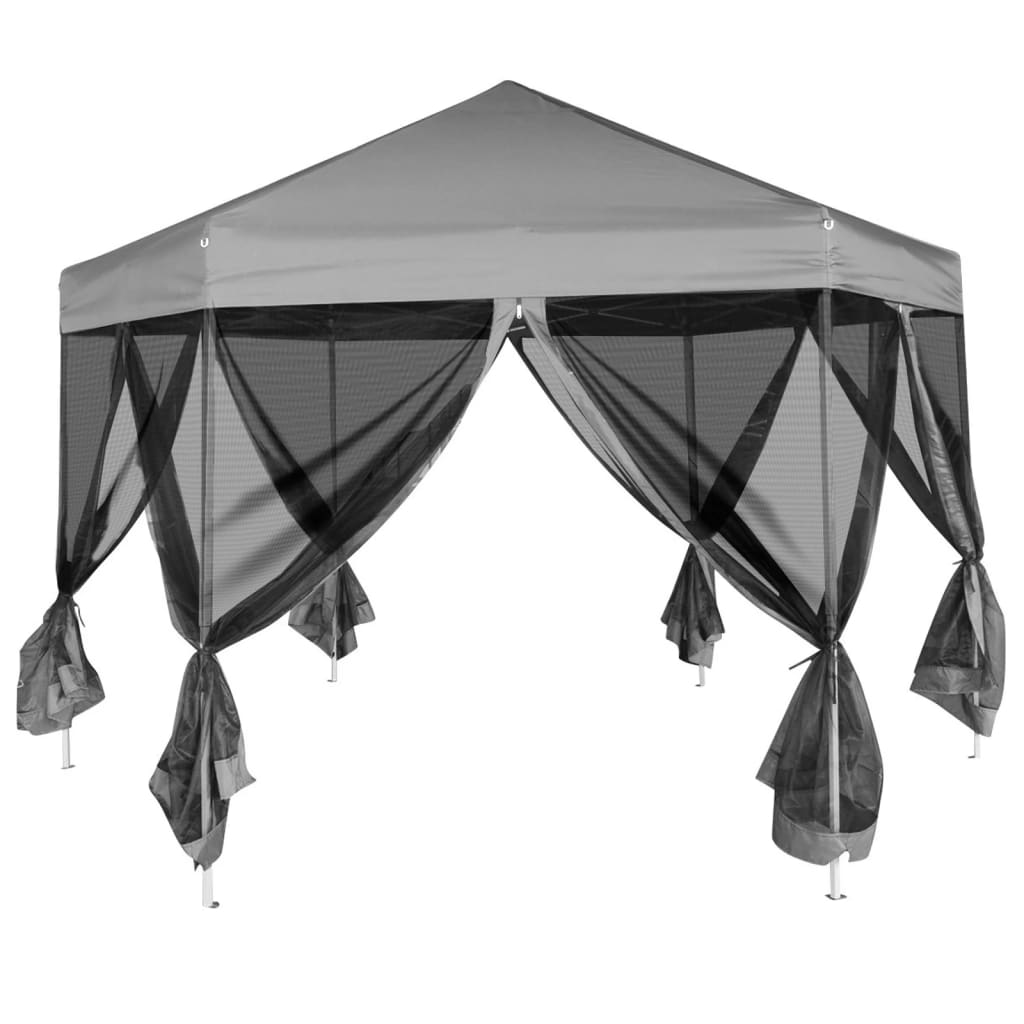 VidaXL Partyzelt, sechseckig, zum Aufklappen, mit 6 Seitenwänden, 3,6 x 3,1 m, Grau