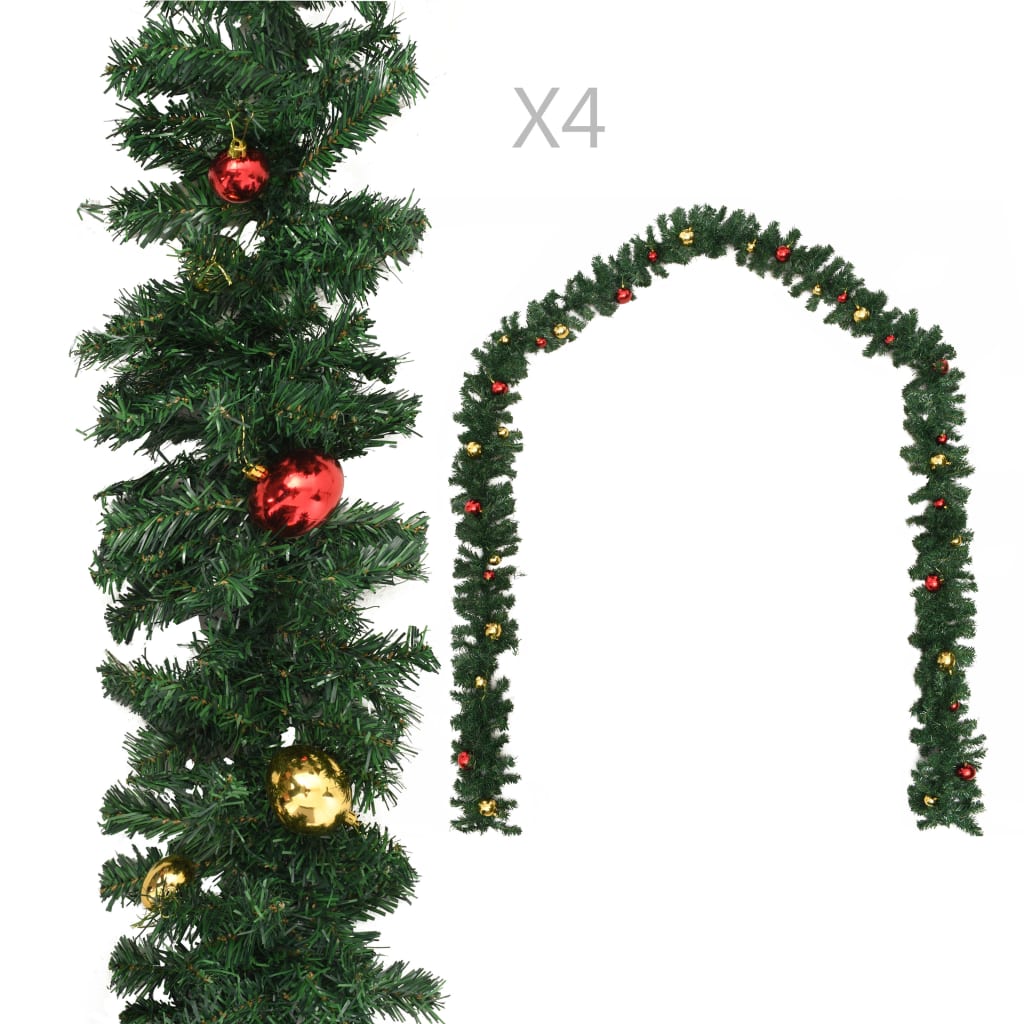 VidaXL Weihnachtsgirlanden, 4-teilig mit Weihnachtskugeln, 270 cm, PVC, grün