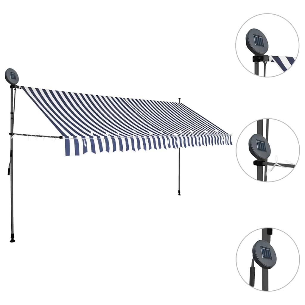 Vidaxl luifel handmatig uitschuifbaar met led 350 cm blauw en wit