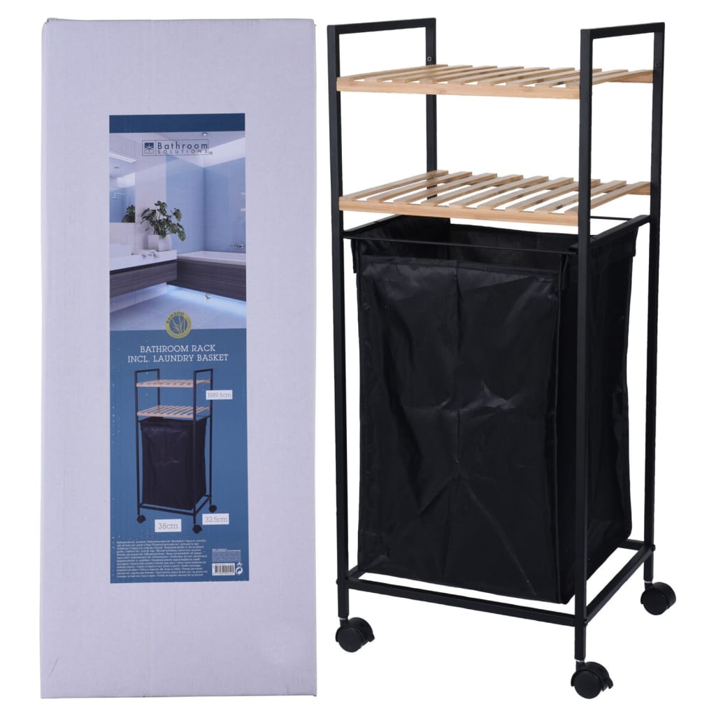 Badezimmer-Regal mit 2 Ablagen und Wäschekorb, 89,5 cm, Bambus