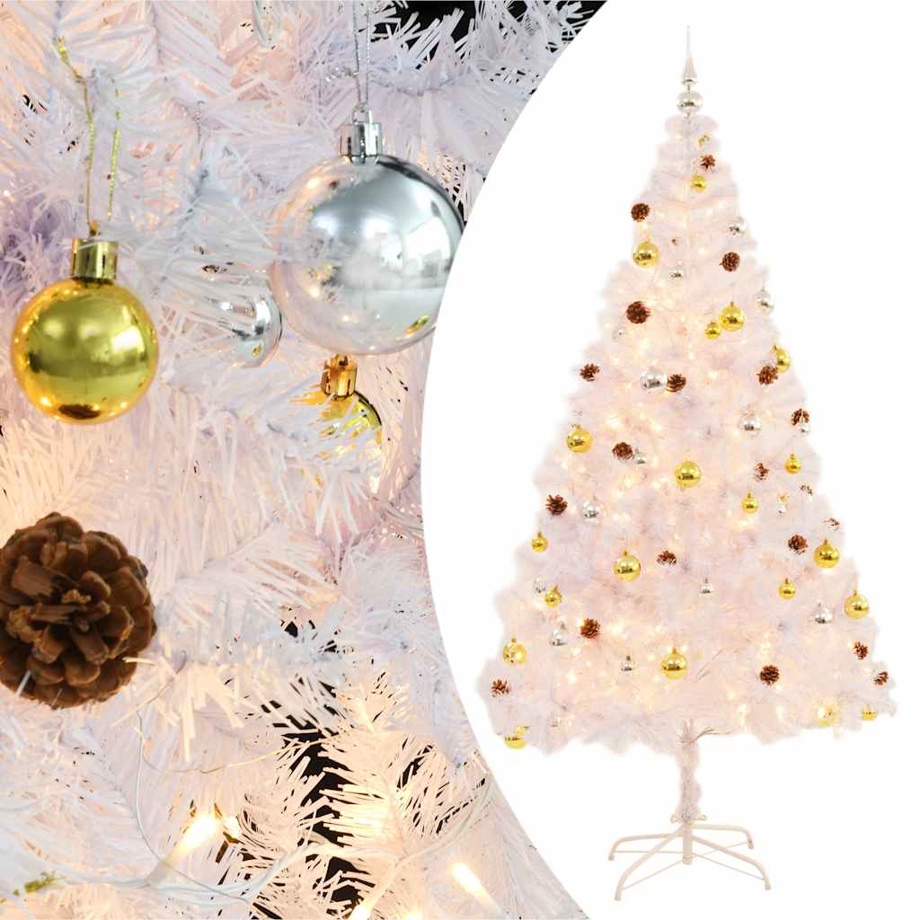 VidaXL Künstlicher Weihnachtsbaum mit Lichterkette und Weihnachtskugeln, 210 cm, Weiß