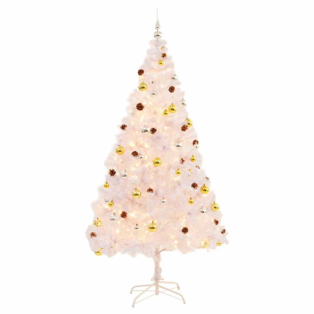 VidaXL Künstlicher Weihnachtsbaum mit Lichterkette und Weihnachtskugeln, 210 cm, Weiß