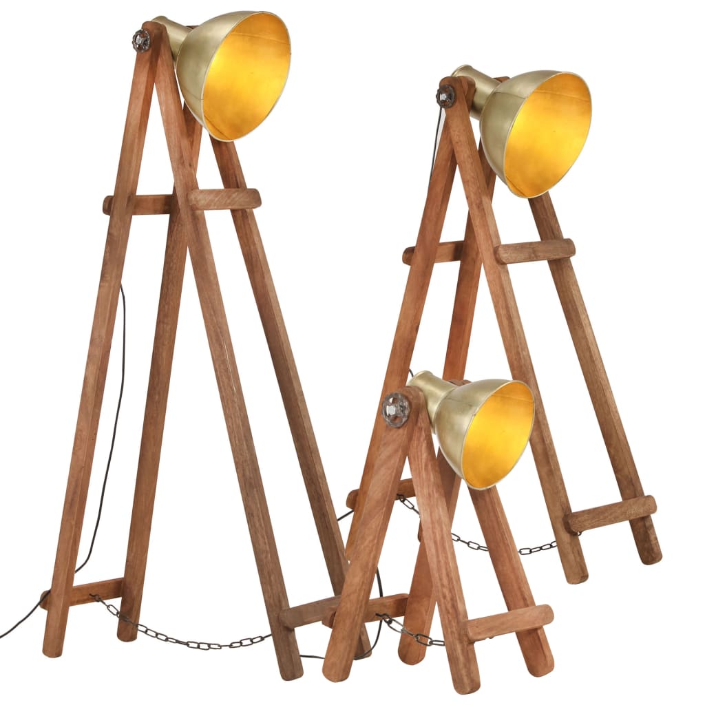 VIDAXL -Stehlampen 3er-Pack E27 Massives Mangoholz Messing lackiert