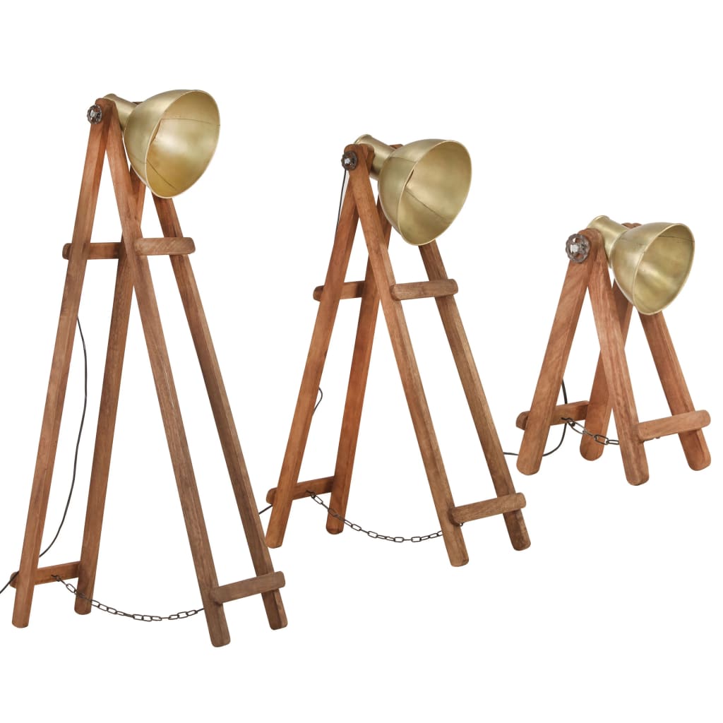 VIDAXL -Stehlampen 3er-Pack E27 Massives Mangoholz Messing lackiert