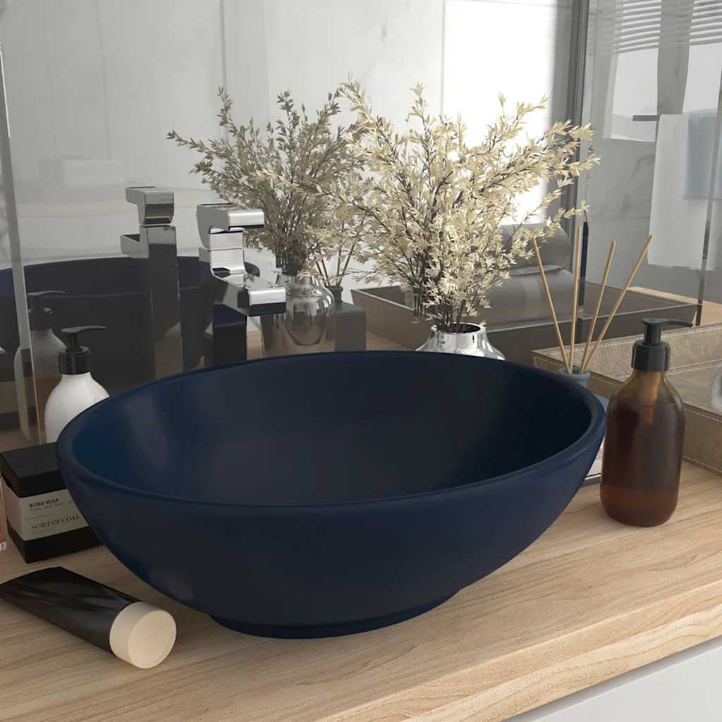 Vidaxl wastafel ovaal 40x33 cm keramiek mat donkerblauw