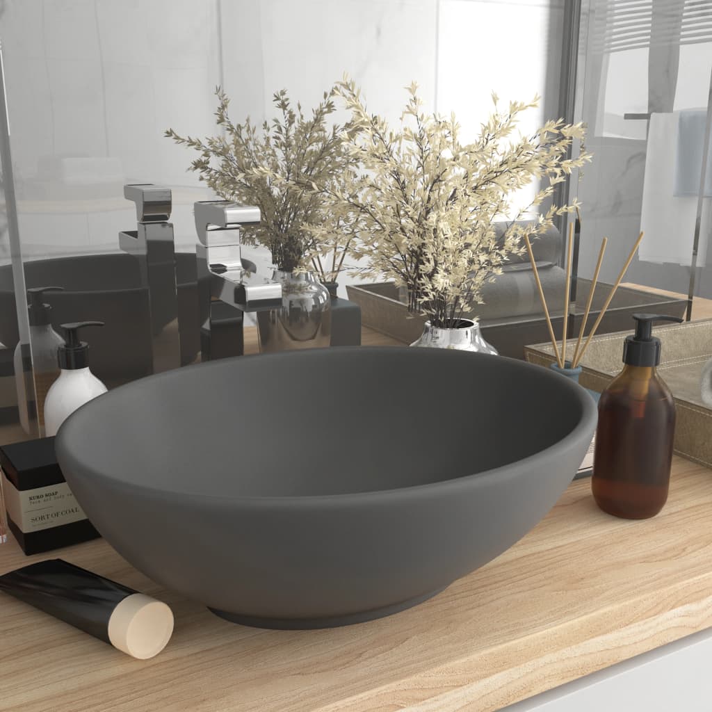 VIDAXL WASCHBECKEN OVAL 40x33 cm Keramikmatte dunkelgrau