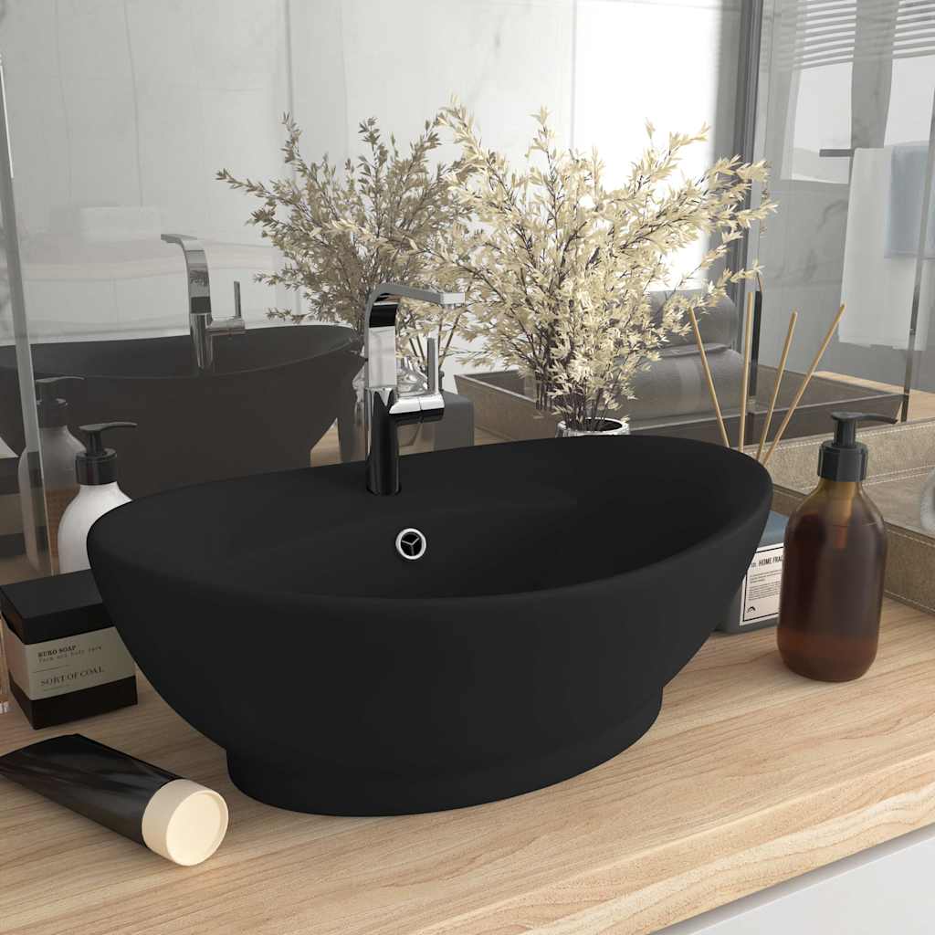VIDAXL WASCHBECKEN mit Landung Oval 58,5 x 39 cm Keramikmattschwarz
