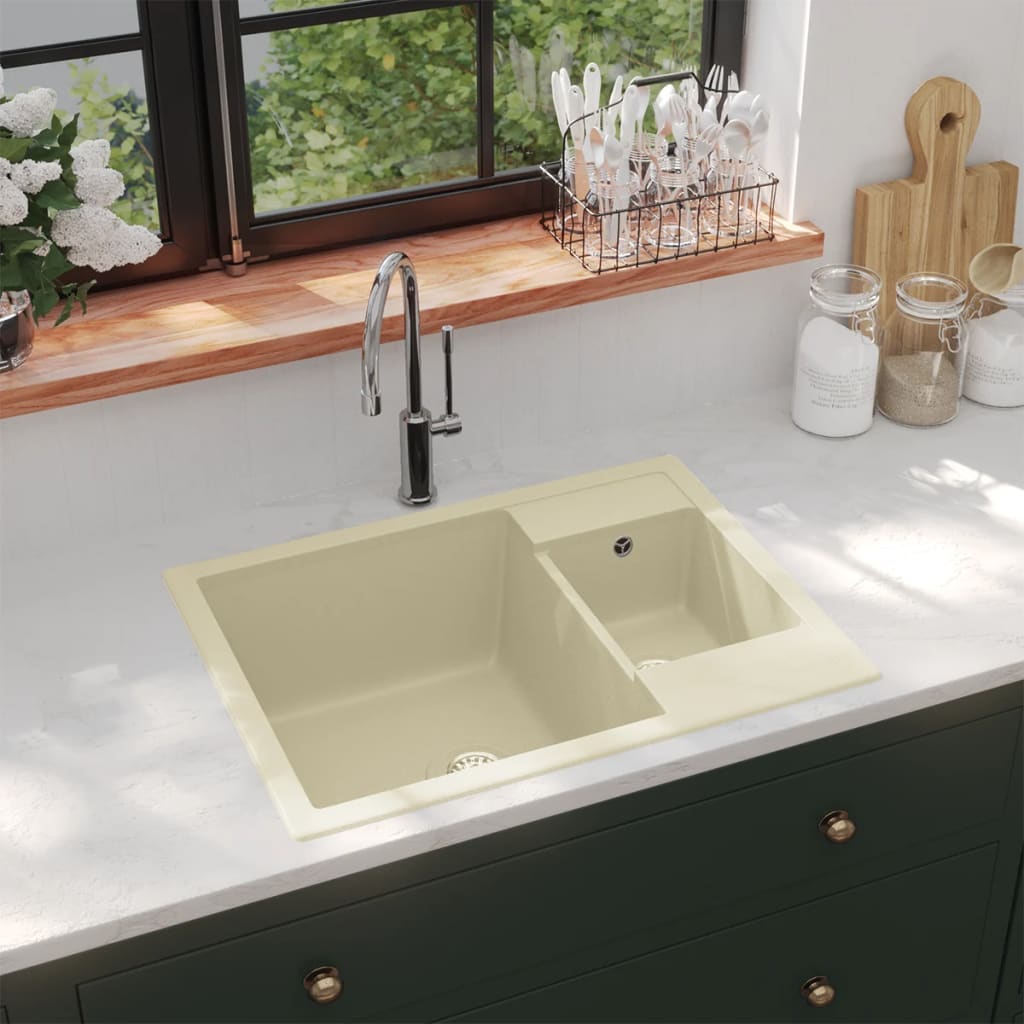 VIDAXL Waschbecken Doppelfächer mit Überlauflochgranit Beige