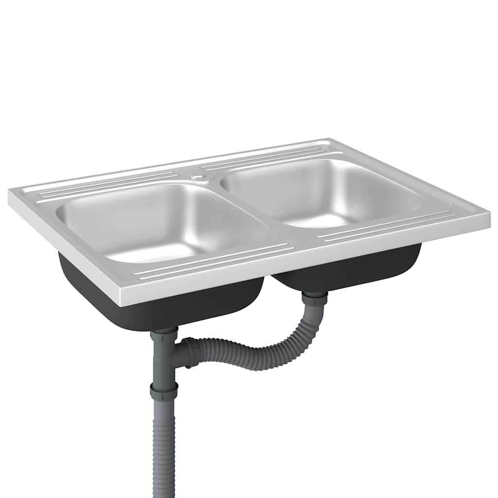 Vidaxl gootsteen met dubbele bak 800x600x155 mm roestvrij staal zilver