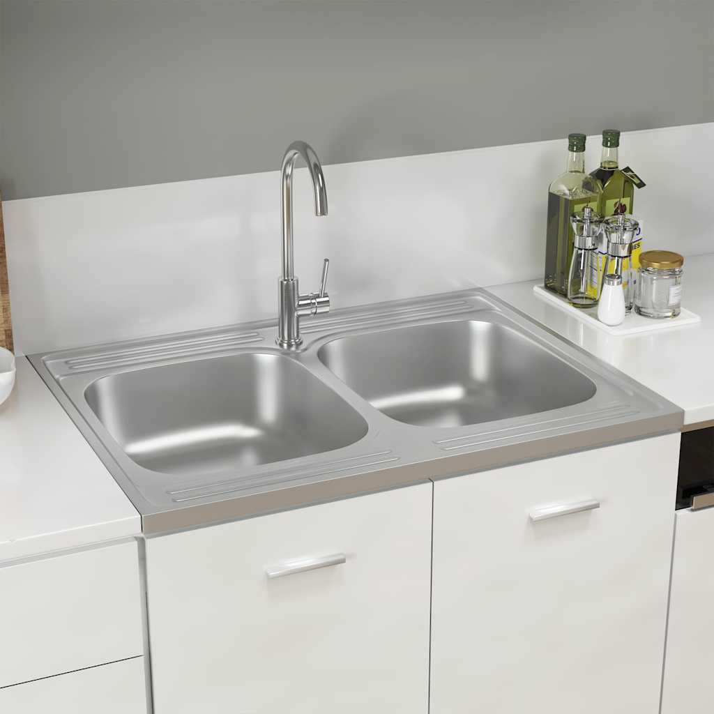Vidaxl gootsteen met dubbele bak 800x600x155 mm roestvrij staal zilver