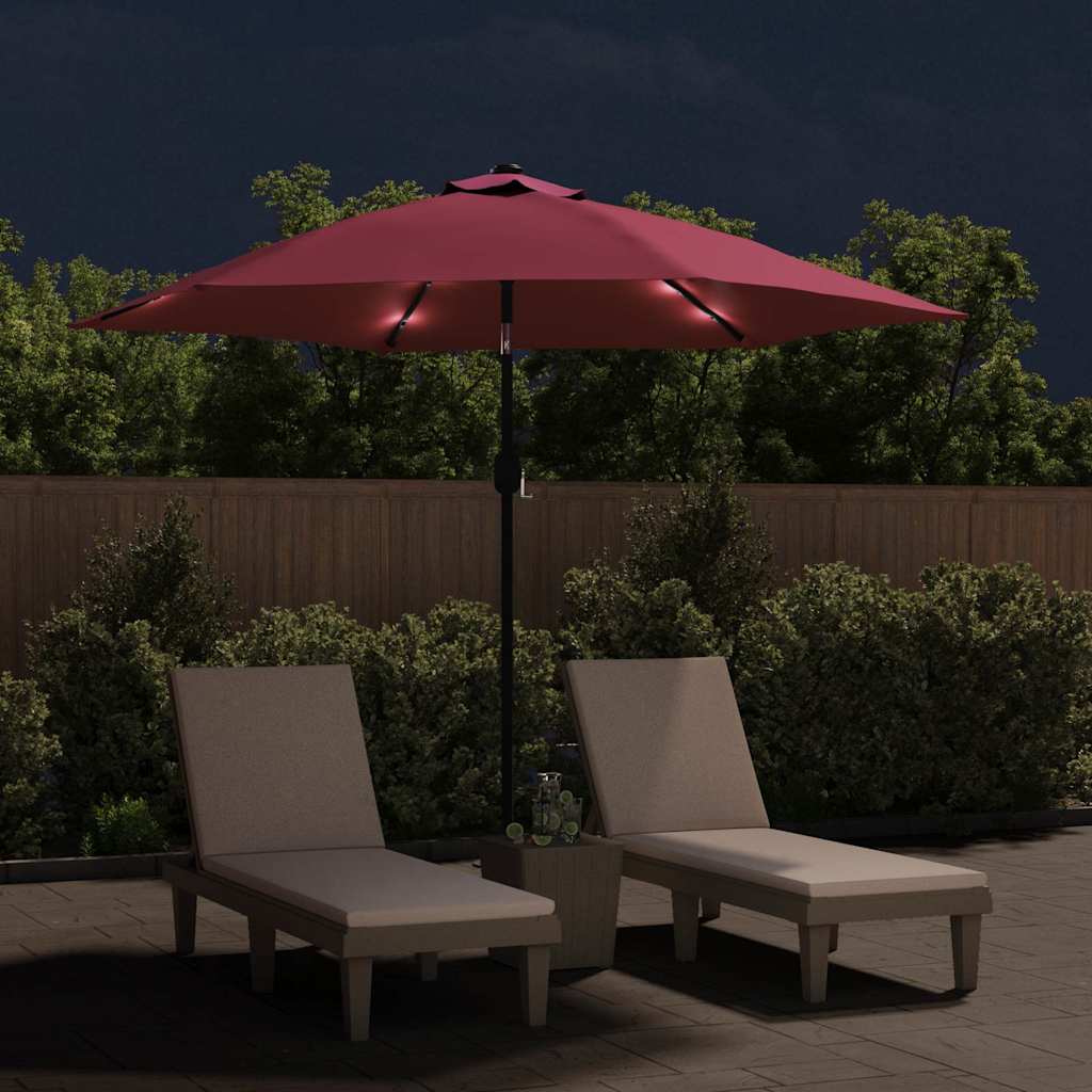 Vidaxl parasol met led-verlichting en stalen paal 300 cm bordeauxrood