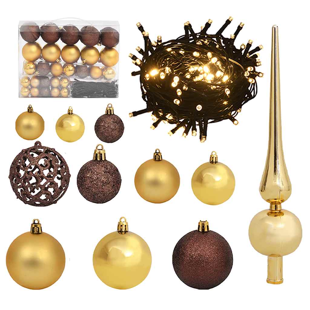 VidaXL 61-teiliges Weihnachtskugel-Set mit Spitze und 150 LEDs, Gold und Bronze