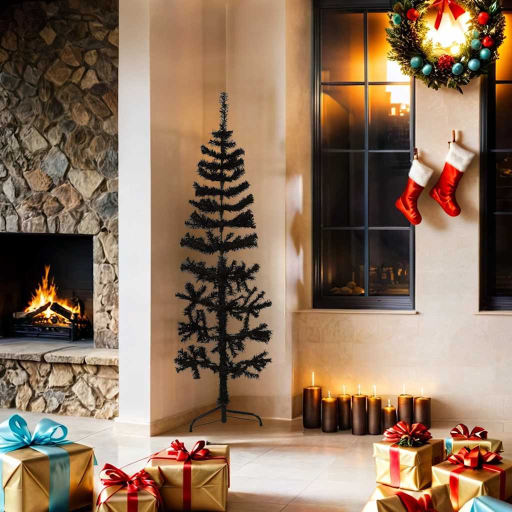 VidaXL Künstlicher Weihnachtsbaum, halber Baum mit Ständer, schmal, 150 cm, Schwarz