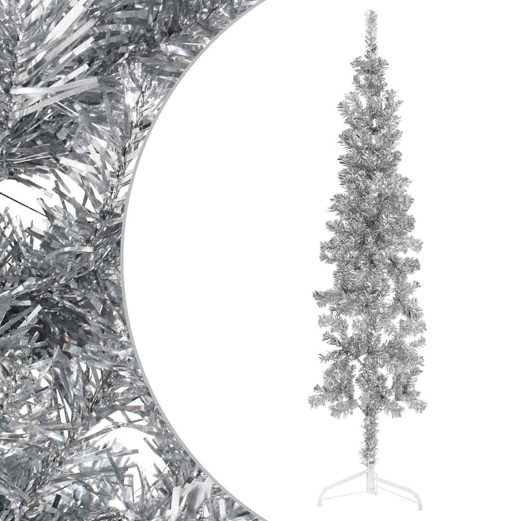 VidaXL Künstlicher Weihnachtsbaum, halber Baum mit Ständer, schmal, 120 cm, silberfarben