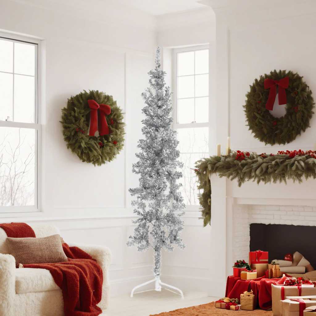 VidaXL Künstlicher Weihnachtsbaum, halber Baum mit Ständer, schmal, 180 cm, silberfarben