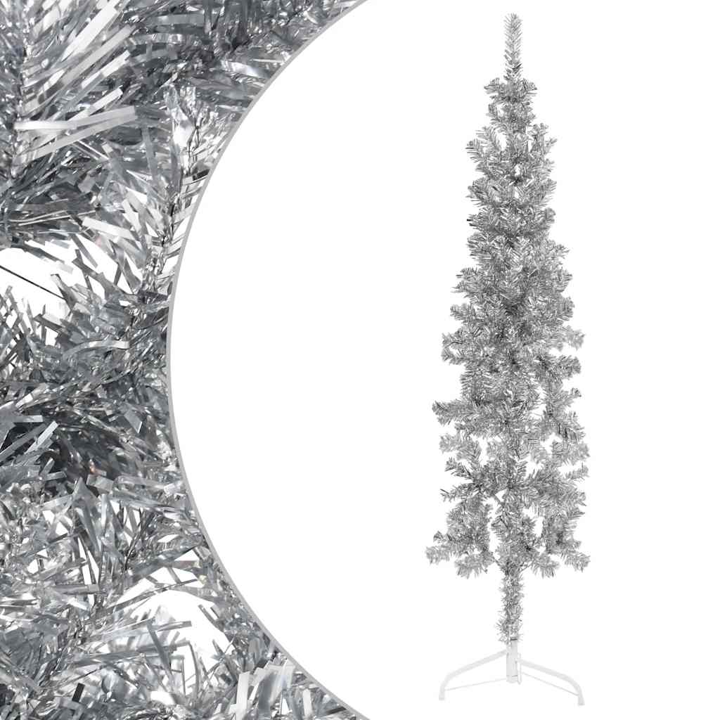 VidaXL Künstlicher Weihnachtsbaum, halber Baum mit Ständer, schmal, 180 cm, silberfarben