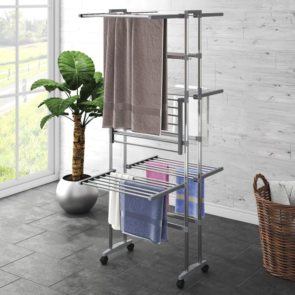 VidaXL 3-stöckiger Wäscheständer mit Rollen 60x70x129 cm Silber