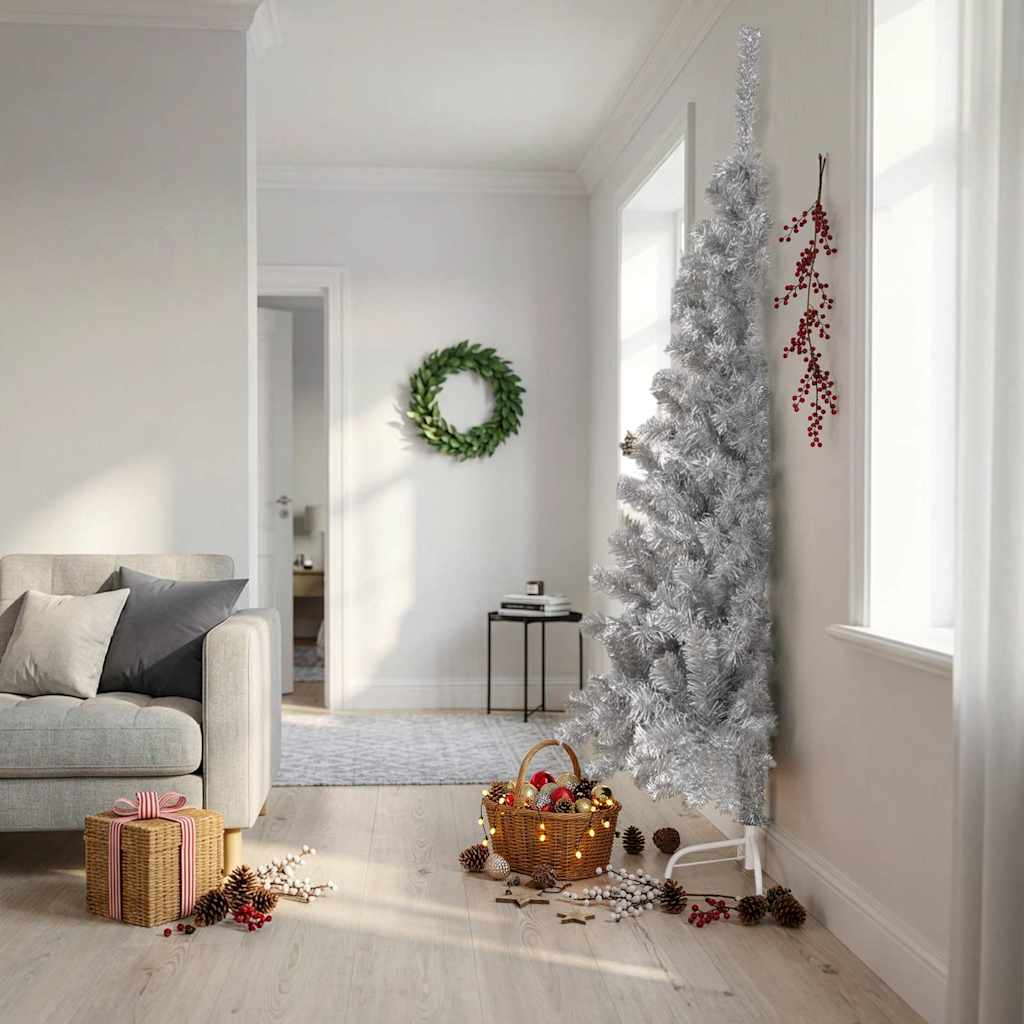 Vidaxl kunstkerstboom half met standaard 210 cm pet zilverkleurig