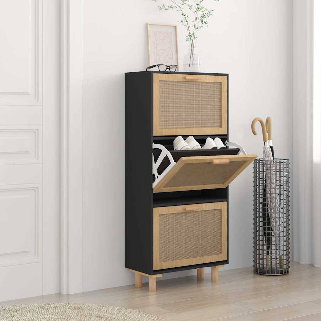 VIDAXL -Schuhschrank 52x25x115 cm richtig Holz und Rattan Schwarz