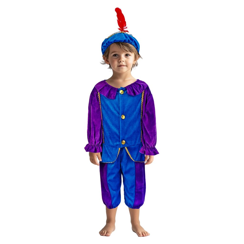 Merkloos pietenpak 110-116 paars blauw