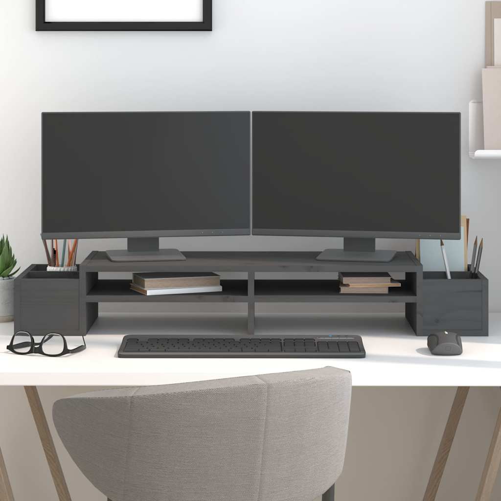 Vidaxl monitorstandaard 100x27,5x15 cm massief grenenhout grijs