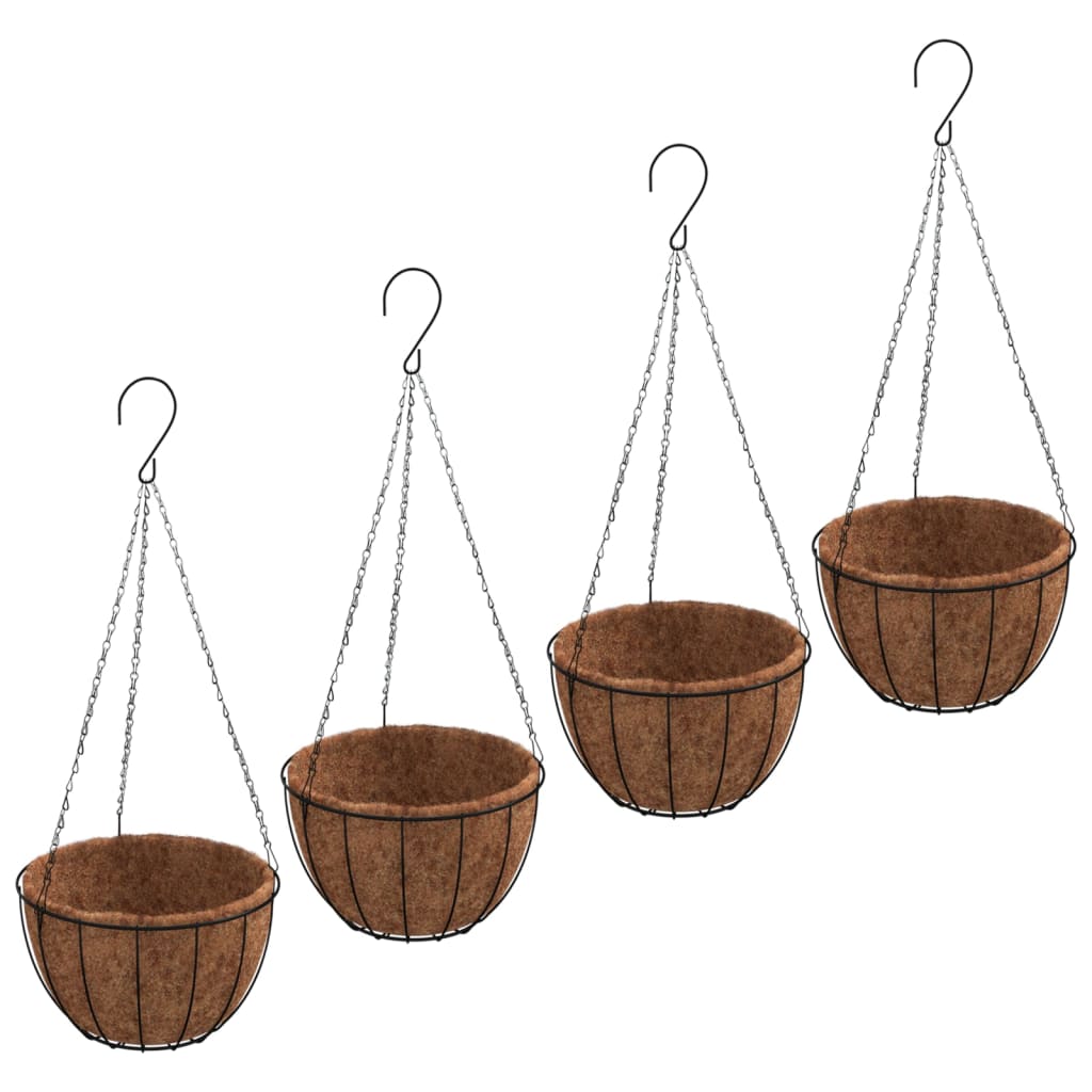 VidaXL Hängepflanzgefäße, 4er-Set mit Kokosnussschale, Stahl, Ø 30 x 52 cm, Schwarz