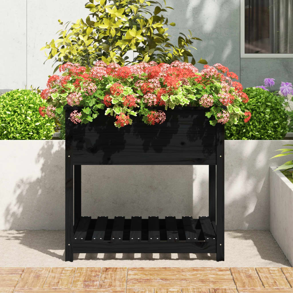 VIDAXL -Pflanzer mit Regal 82,5 x 82,5 x 81 cm Festkiefer Kiefer Schwarz