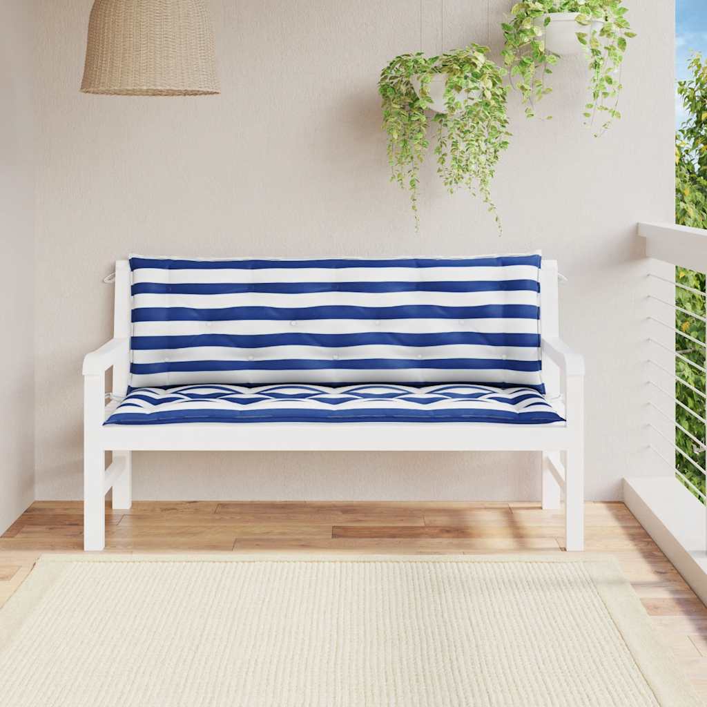 VidaXL Gartenbankkissen, 2 Stück, gestreift, 150 x 50 x 7 cm, Stoff, weiß und blau