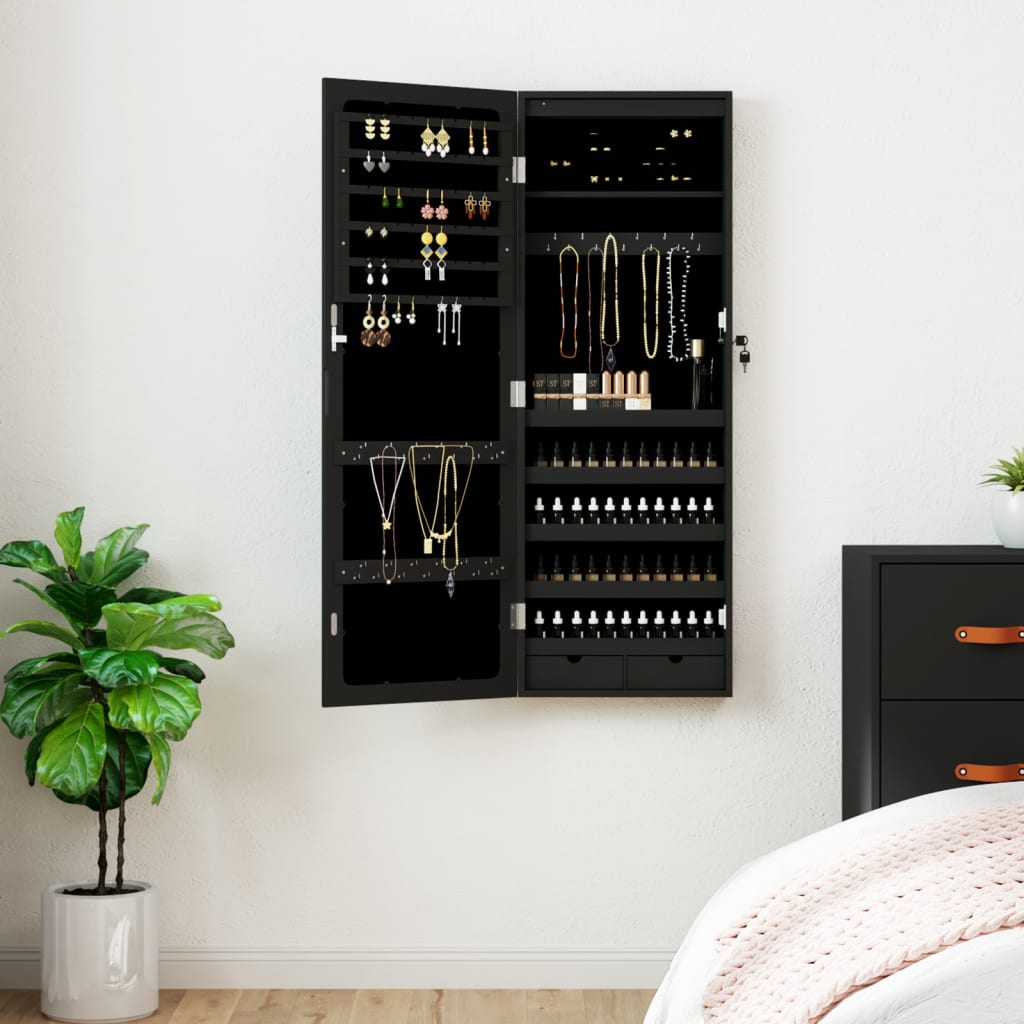 Vidaxl Schmuckschrank mit Spiegel und LED-Wandmontage in Schwarz