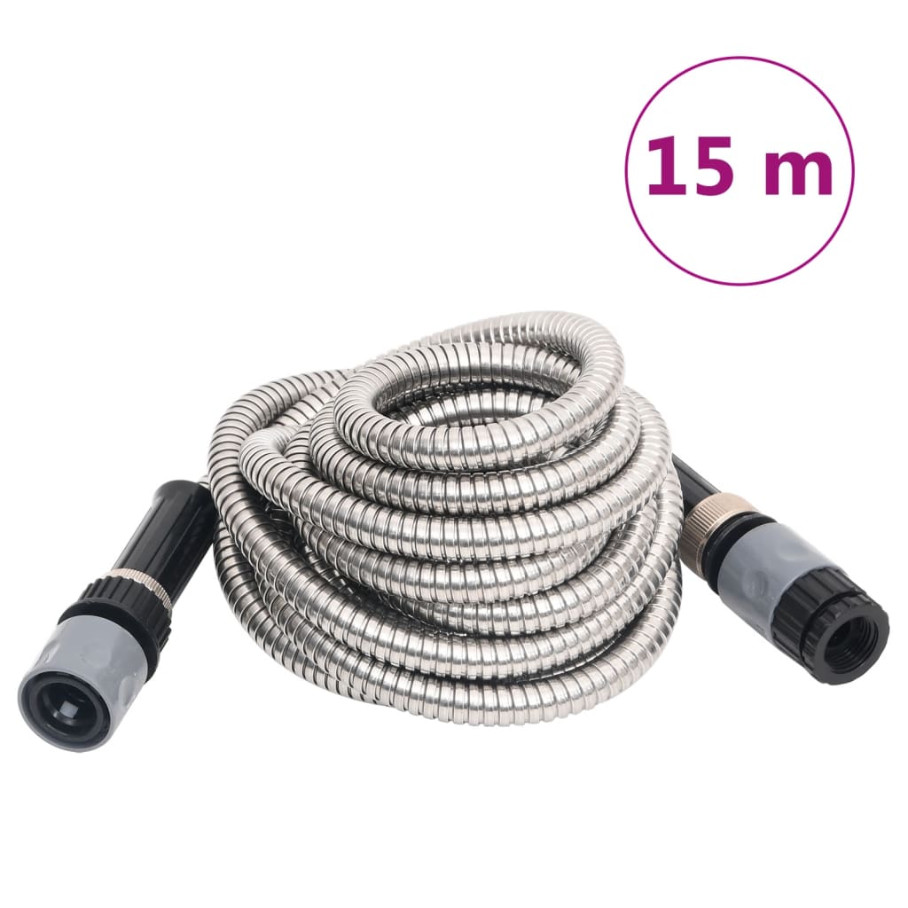 VidaXL Gartenschlauch mit Sprühdüse 0,6 Zoll, 15 m, Edelstahl, silberfarben