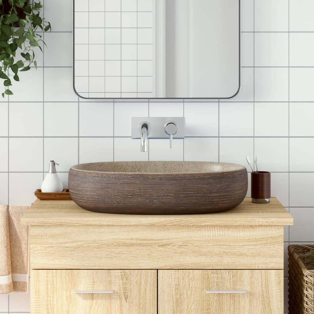 VIDAXL STRACT WASH BAN OVAL 59X40X14 CM Keramik Sand - geliert und braun