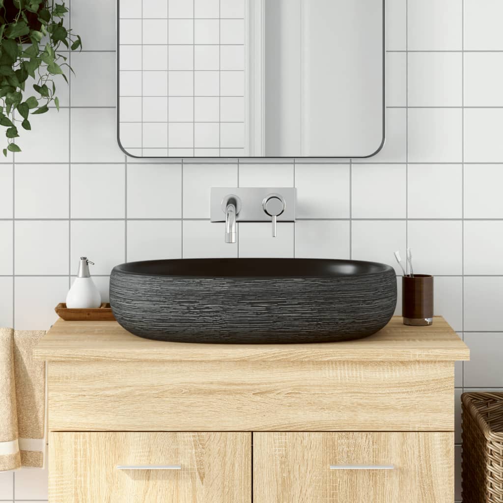Vidaxl opzetwasbak ovaal 59x40x14 cm keramiek grijs en zwart