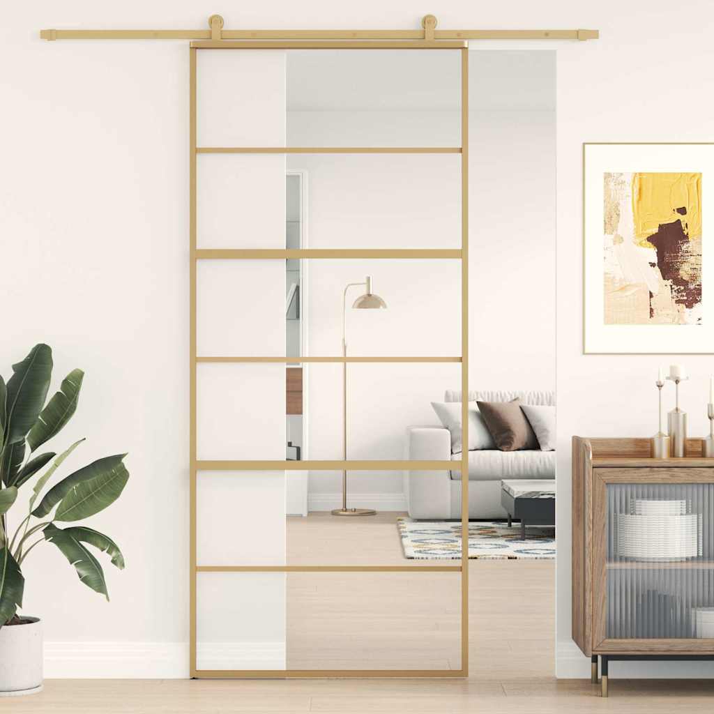 Vidaxl Schiebetür 90x205 cm klar ESG - Glas und Aluminium goldfarben