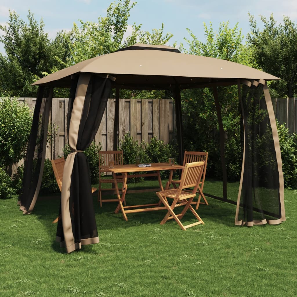 Vidaxl -Gartenlaube -Seitenwände aus Netz und Doppeldach 2,93x2,93 M Stahl Taupe