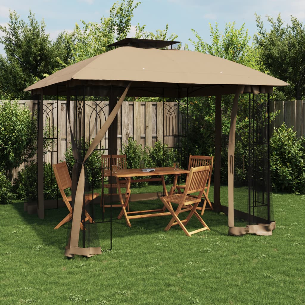 Vidaxl -Gartenlaube -Seitenwände aus Netz und Doppeldach 2,94x2,94 m Stahl Taupe
