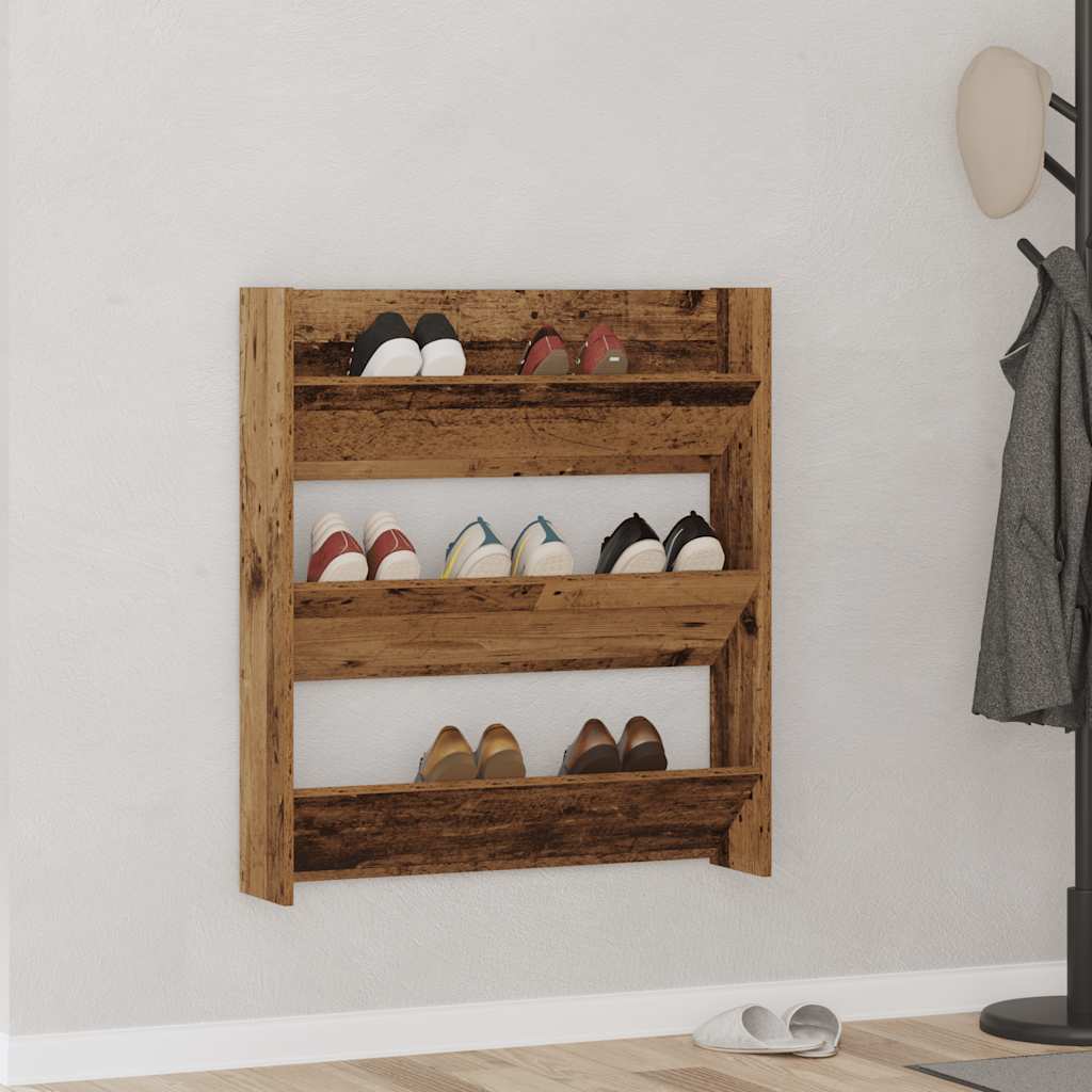 Vidaxl wandschoenenkast 80x18x90 cm bewerkt hout oud houtkleurig