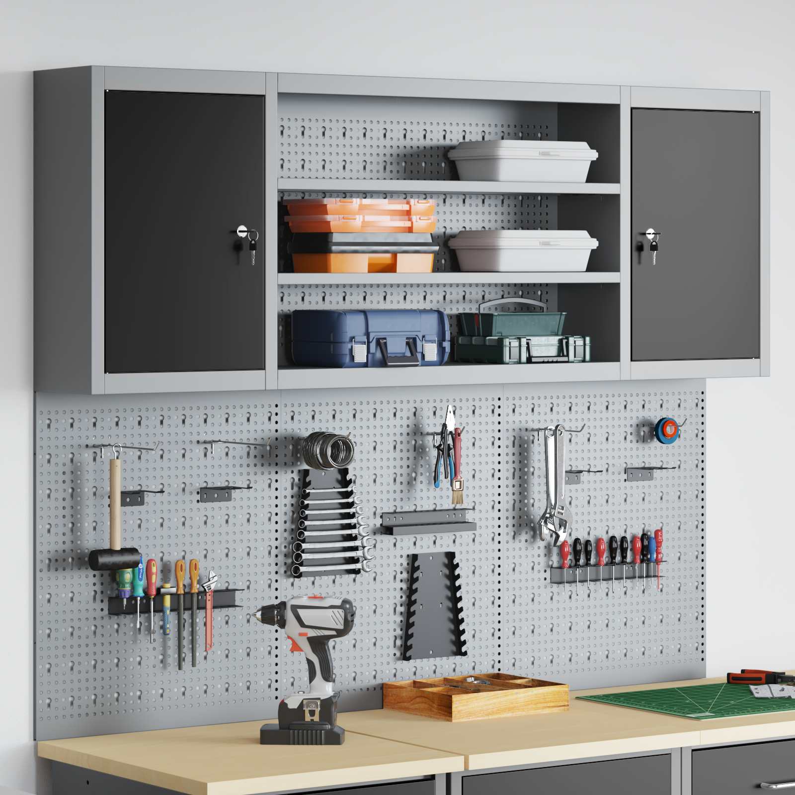 Vidaxl gereedschapskast set met plank 4 pcs zwart gepoedercoat staal