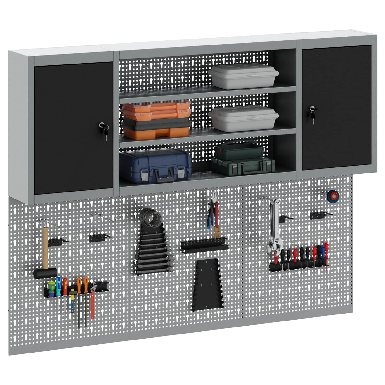 Vidaxl gereedschapskast set met plank 4 pcs zwart gepoedercoat staal