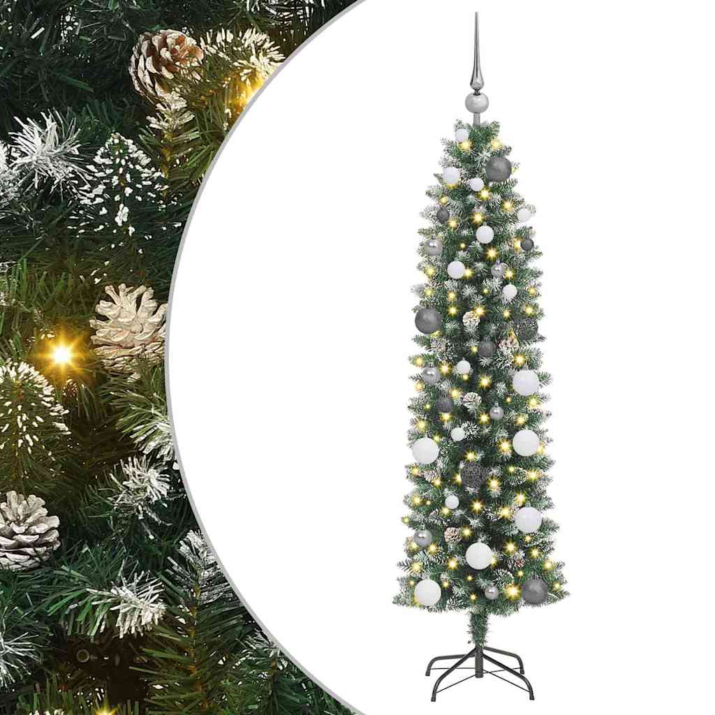 Vidaxl kunstmatige slanke kerstboom met 150 led groen en wit 150 cm