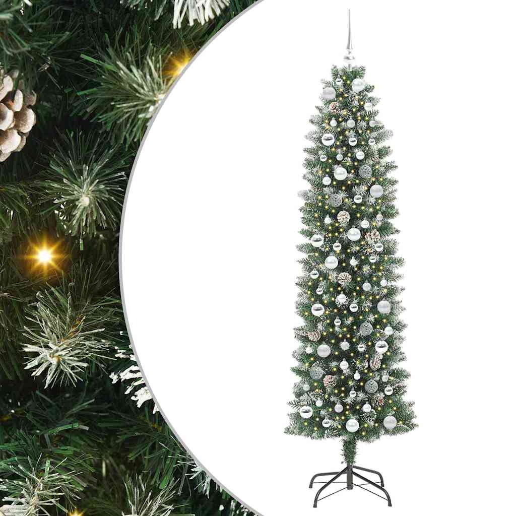 Vidaxl kunstmatige slanke kerstboom met 300 led groen en wit 210 cm